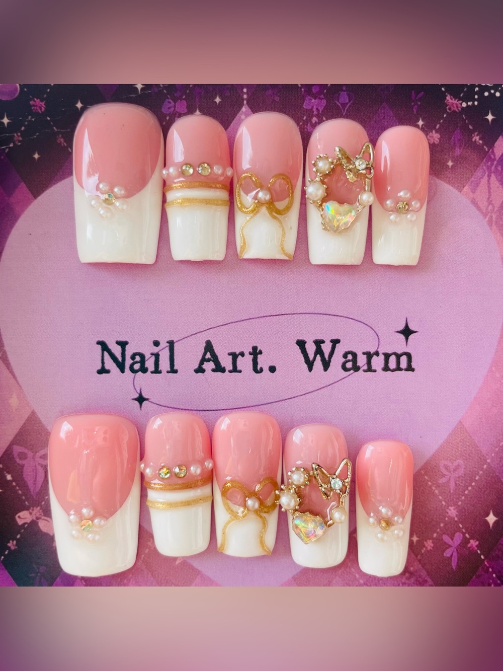NEW Pink & White French Tip Nails | Pearls Bangles & Charms | Soft Girl | Large